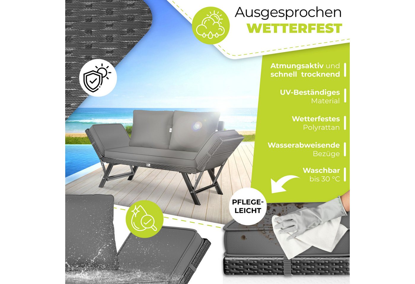 Kesser® Gartenbank Luna, Polyrattan, Liegefunktion, 4-in-1 - Schwarz / Anthrazit Bild 5