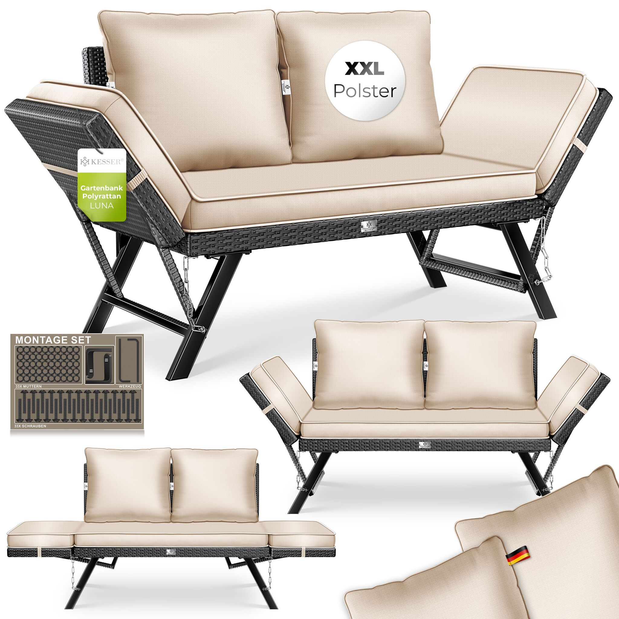 Kesser® Gartenbank Luna, Polyrattan, Liegefunktion, 4-in-1 - Schwarz / Beige