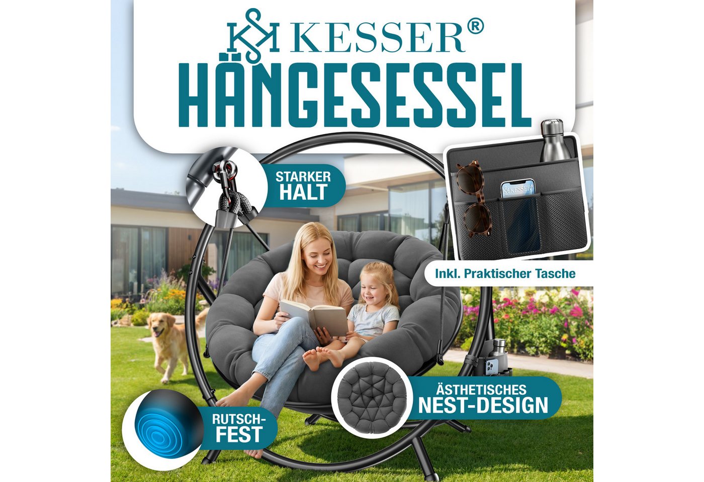 Kesser® Hängesessel Bali Mit Gestell, Bis 150 Kg, Kissen - Anthrazit Bild 2