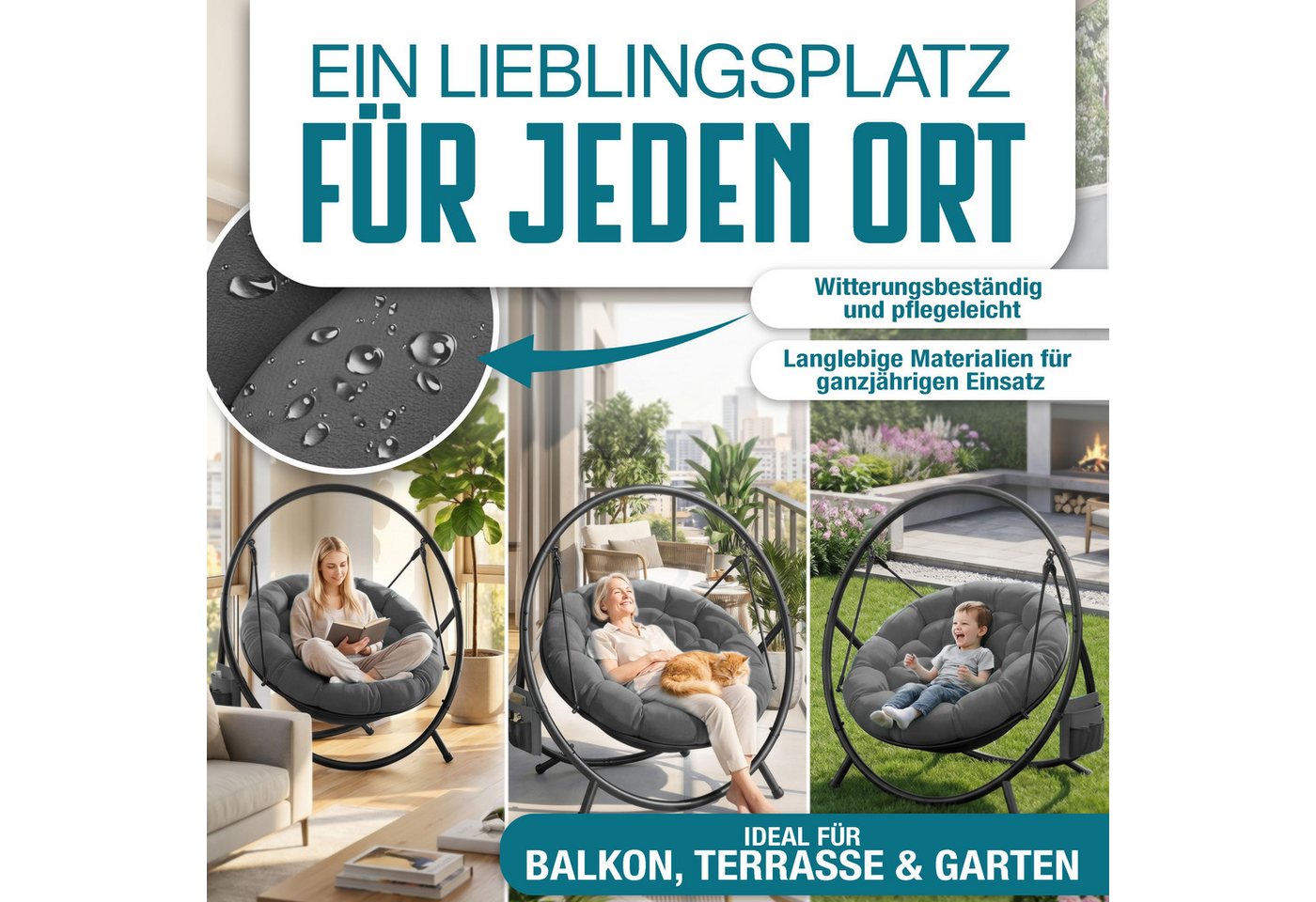 Kesser® Hängesessel Bali Mit Gestell, Bis 150 Kg, Kissen - Anthrazit Bild 4