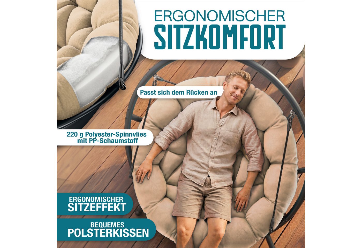 Kesser® Hängesessel Bali Mit Gestell, Bis 150 Kg, Kissen, Indoor/outdoor - Beige