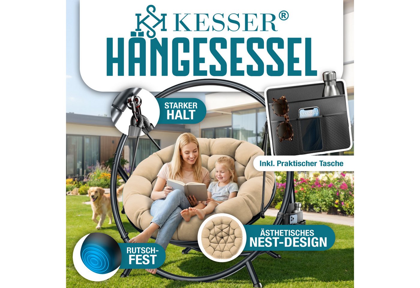 Kesser® Hängesessel Bali Mit Gestell, Bis 150 Kg, Kissen, Indoor/outdoor - Beige Bild 3