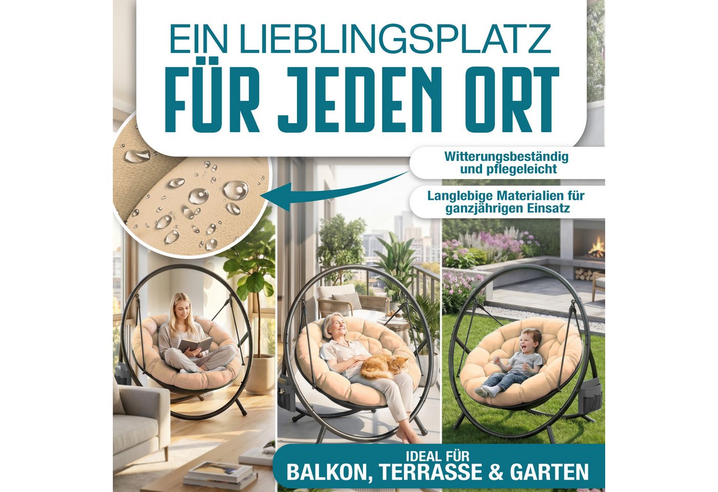 Kesser® Hängesessel Bali Mit Gestell, Bis 150 Kg, Kissen, Indoor/outdoor - Beige Bild 4