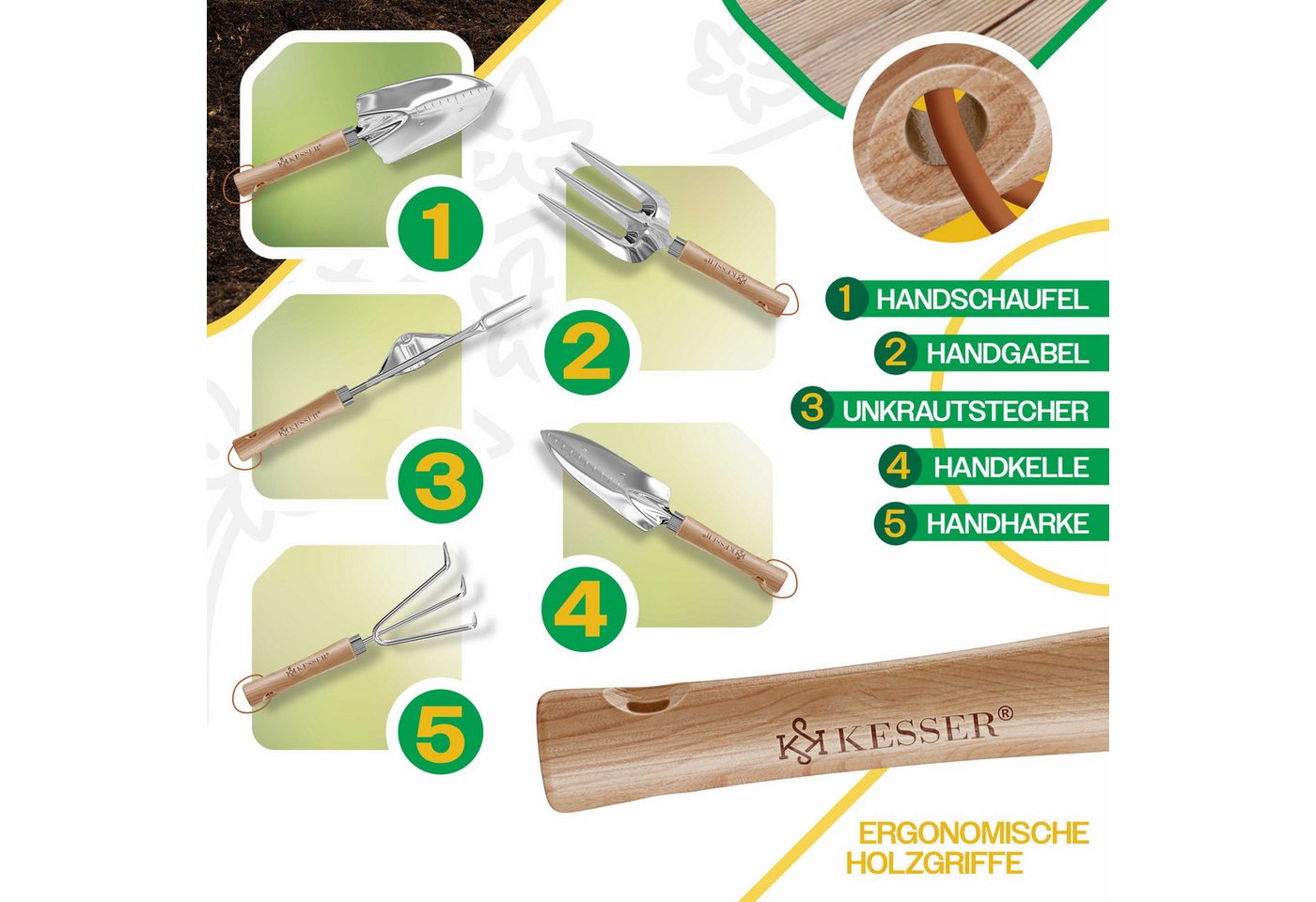 Kesser® Gartenwerkzeug Set 10-teilig, Holzgriffe, Tasche, Knieschoner