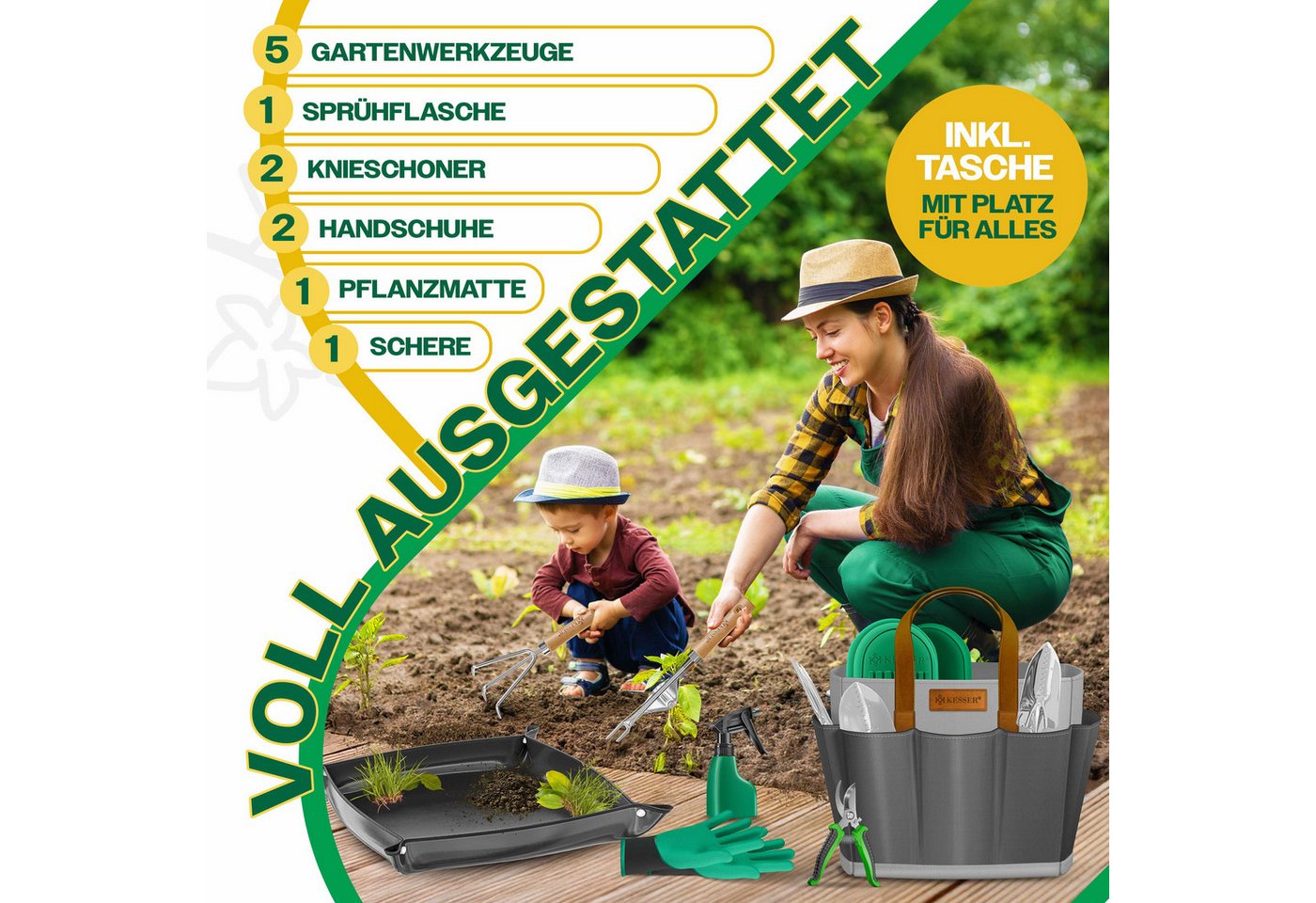 Kesser® Gartenwerkzeug Set 10-teilig, Holzgriffe, Tasche, Knieschoner Bild 3