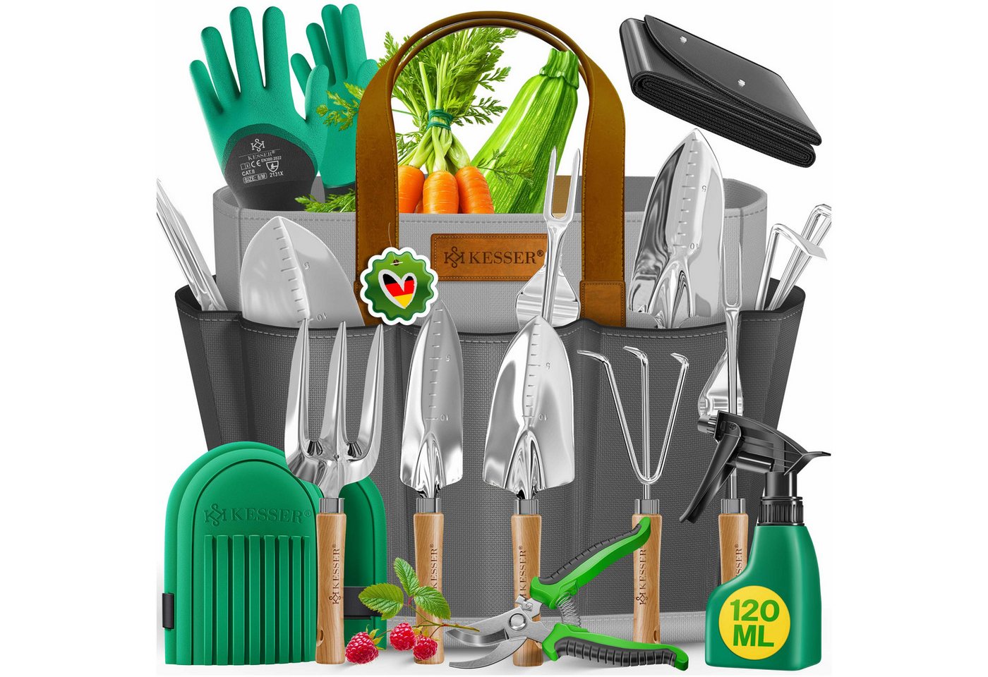 Kesser® Gartenwerkzeug Set 10-teilig, Holzgriffe, Tasche, Knieschoner Bild 4