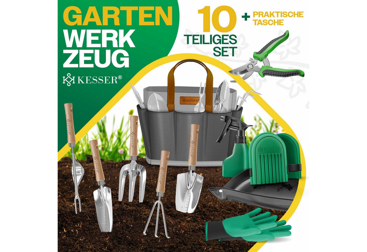 Kesser® Gartenwerkzeug Set 10-teilig, Holzgriffe, Tasche, Knieschoner Bild 5