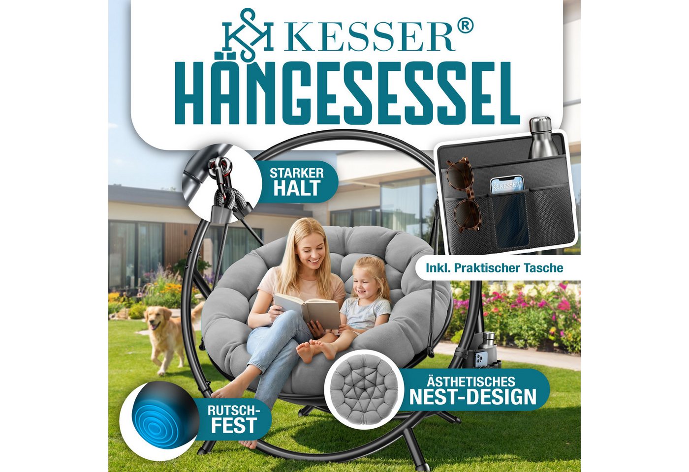 Kesser® Hängesessel Bali Mit Gestell, Bis 150 Kg, Kissen, Indoor/outdoor - Grau