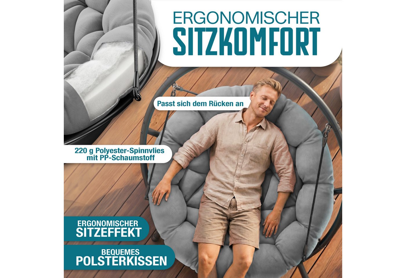 Kesser® Hängesessel Bali Mit Gestell, Bis 150 Kg, Kissen, Indoor/outdoor - Grau Bild 4