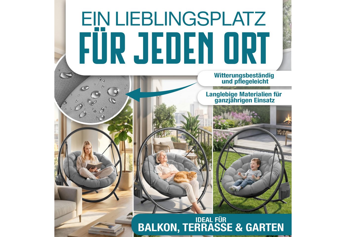 Kesser® Hängesessel Bali Mit Gestell, Bis 150 Kg, Kissen, Indoor/outdoor - Grau Bild 5