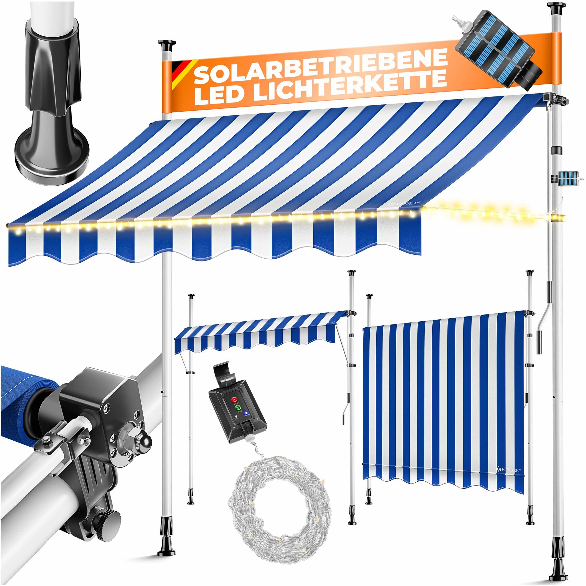 Kesser® Klemmmarkise Mit Handkurbel & Led-lichterkette - 400 Cm, Blau / Weiß