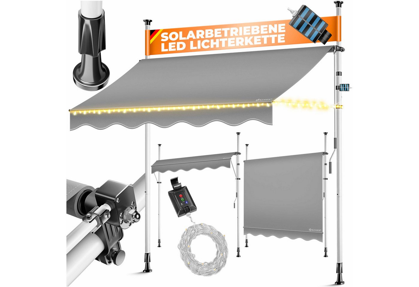 Kesser® Klemmmarkise Mit Handkurbel & Led-lichterkette - Grau, 150 Cm