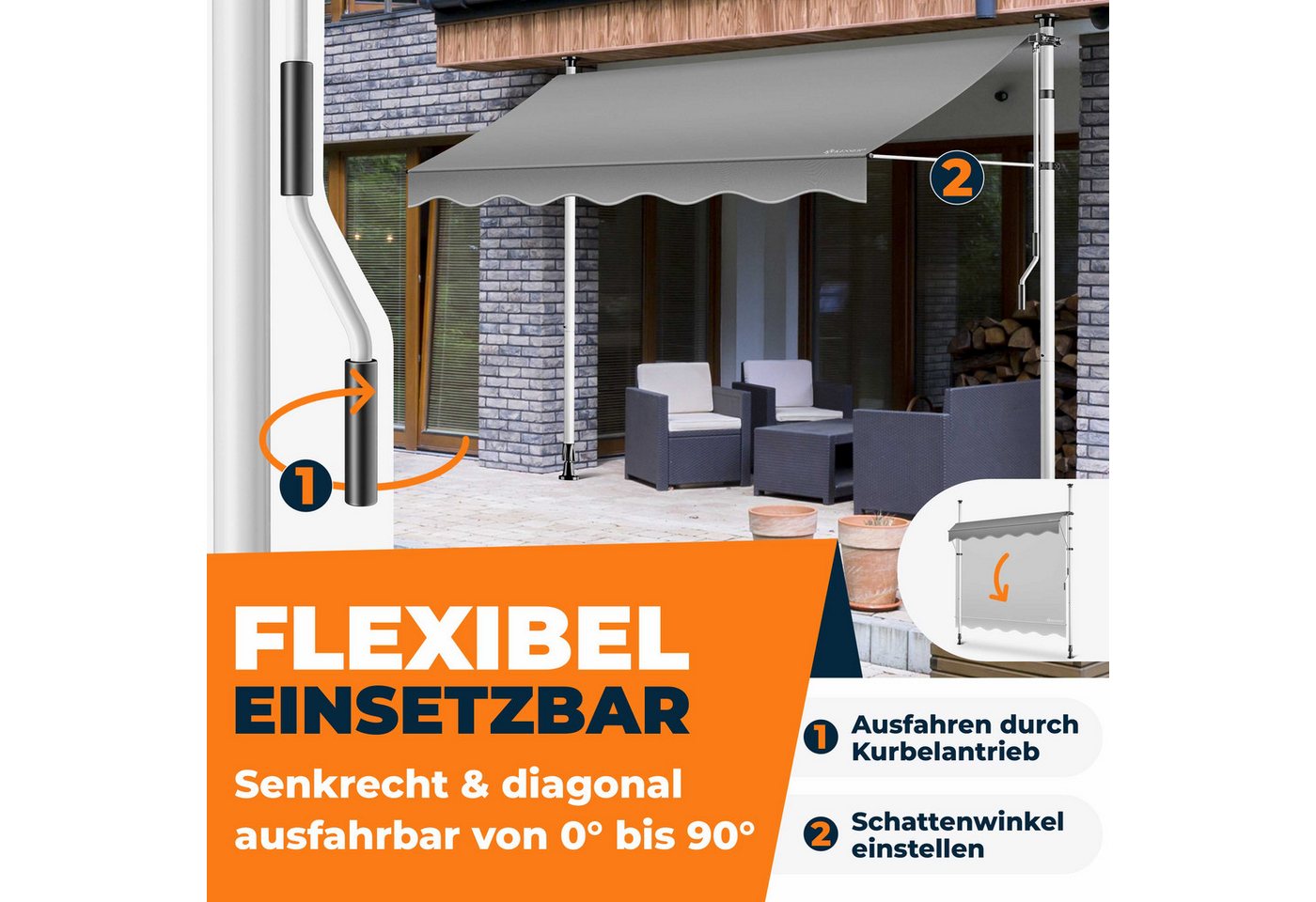 Kesser® Klemmmarkise Mit Handkurbel & Led-lichterkette - Grau, 150 Cm Bild 3