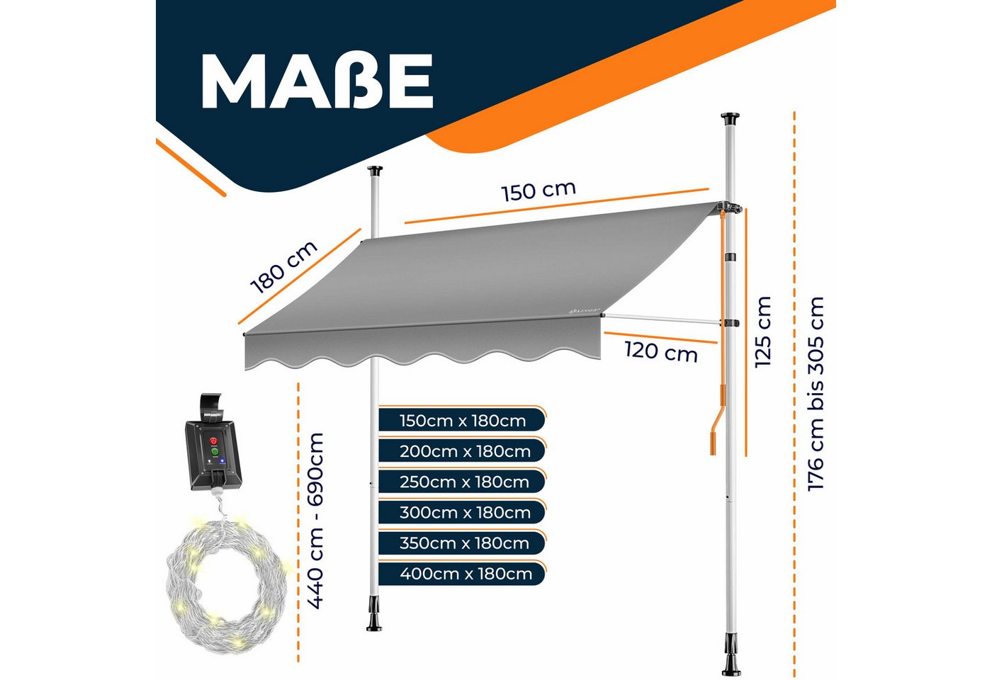 Kesser® Klemmmarkise Mit Handkurbel & Led-lichterkette - Grau, 150 Cm Bild 5