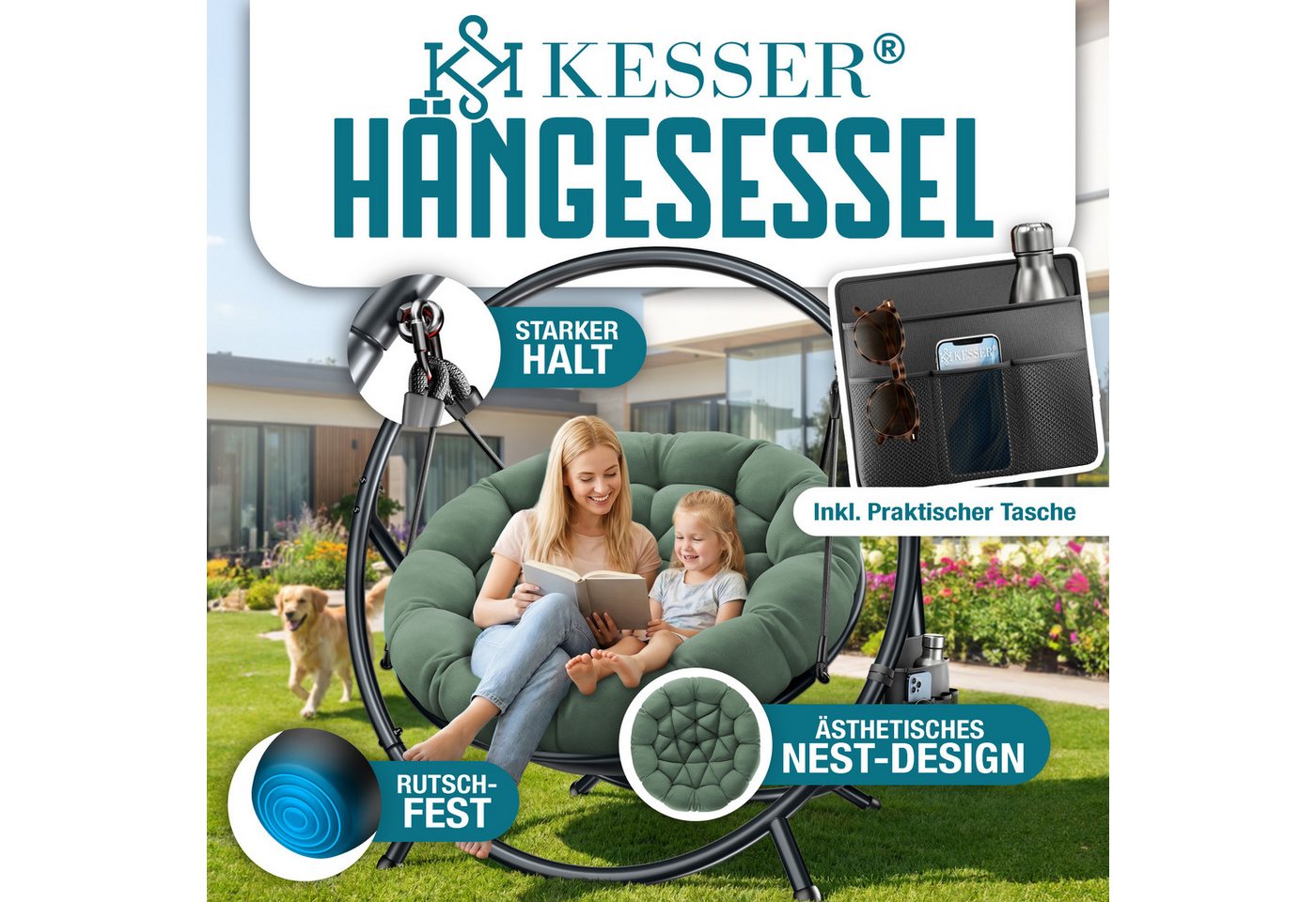 Kesser® Hängesessel Bali Mit Gestell, Bis 150 Kg, Kissen, Indoor/outdoor - Grün