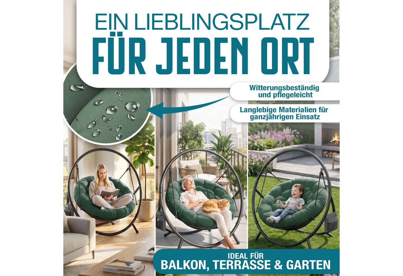Kesser® Hängesessel Bali Mit Gestell, Bis 150 Kg, Kissen, Indoor/outdoor - Grün Bild 2