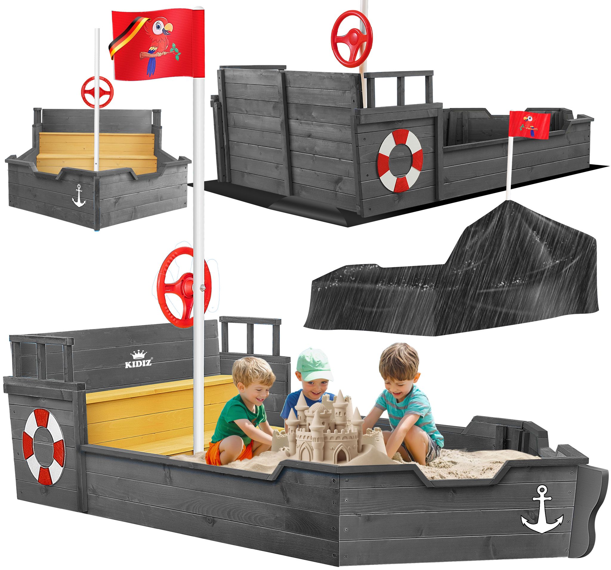 Kidiz® Sandkasten Ahoi Piratenschiff Aus Holz Mit Zubehör - Anthrazit