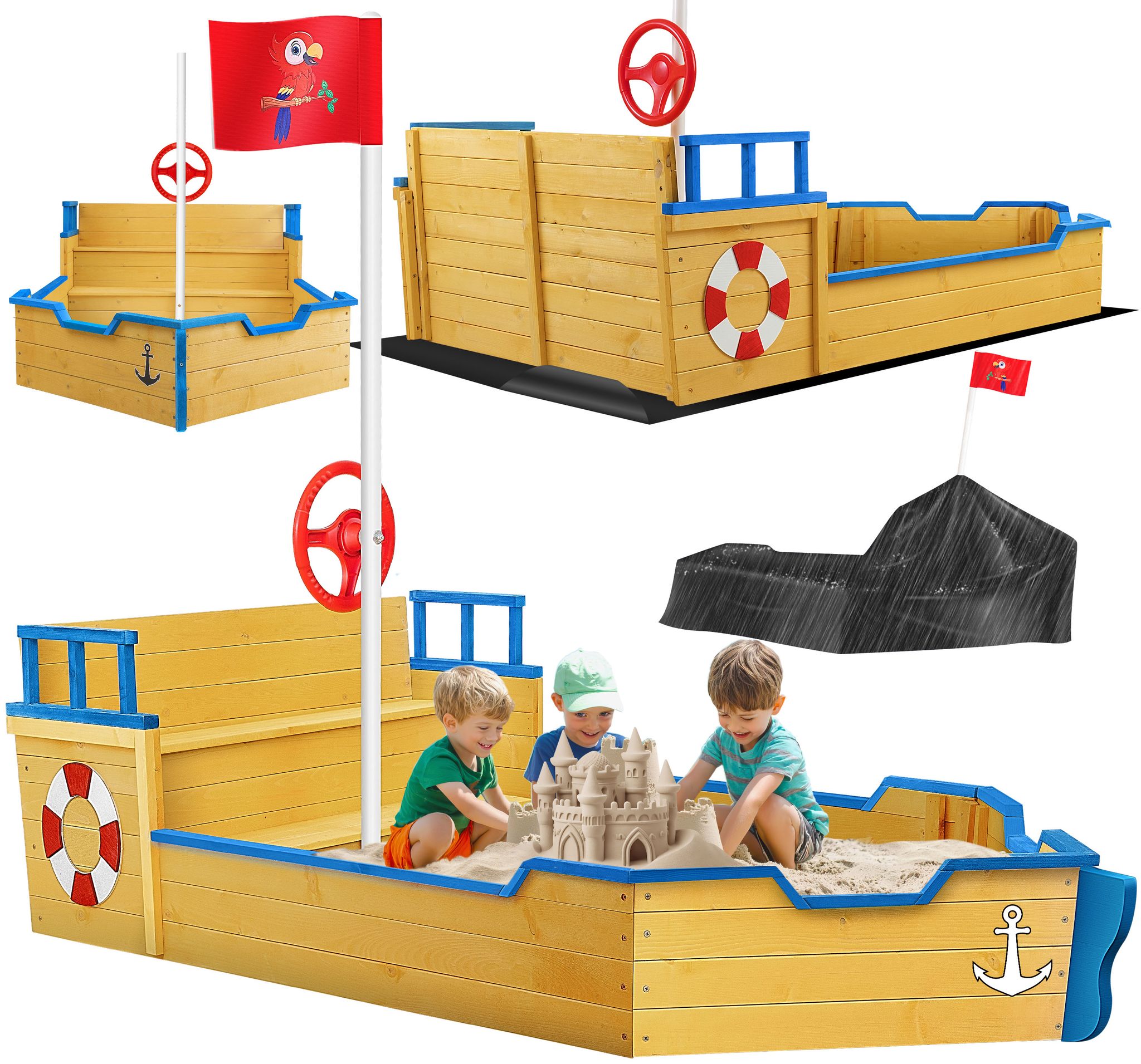 Kidiz® Sandkasten Ahoi Piratenschiff Aus Holz Mit Zubehör - Blau