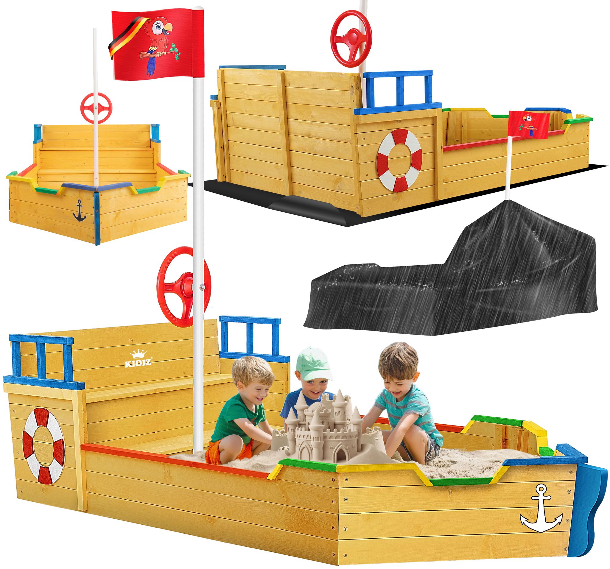Kidiz® Sandkasten Ahoi Piratenschiff Aus Holz Mit Zubehör - Bunt