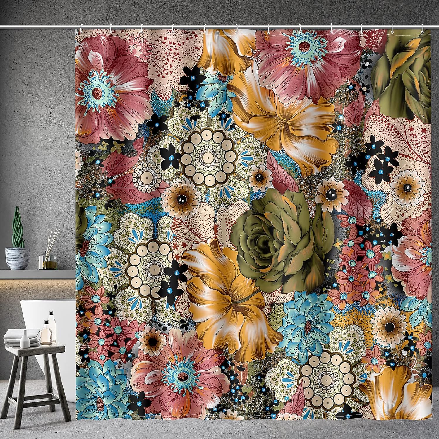 Bedruckter Duschvorhang Im Bohème-stil, Mehrfarbiges Blumenmuster, Ethnischer Flair, Inklusive 12 Haken, Geeignet Für Badezimmer, 72 Zoll X 72 Zoll.