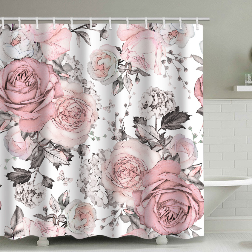 Rosa Duschvorhang Mit Blumenmuster Und 12 Kunststoffhaken