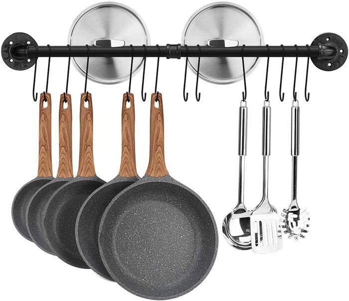 Küchenbartheke Im Industriestil, 80 Cm Langes, Wandmontiertes Topfregal Aus Schmiedeeisen Mit 14 Haken, Zum Aufhängen Von Geschirr, Bratpfannen Usw. Geeignet.