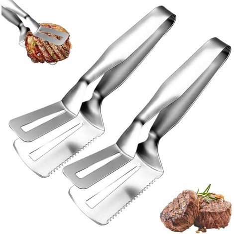 Set Mit 2 Steakzangen Aus Edelstahl, Multifunktionale Lebensmittelzange, Brotzange, Grillzange Aus Edelstahl, Gezahnte Steakzange, Kann Klemmen, Schöpfen, Schneiden 3 In 1
