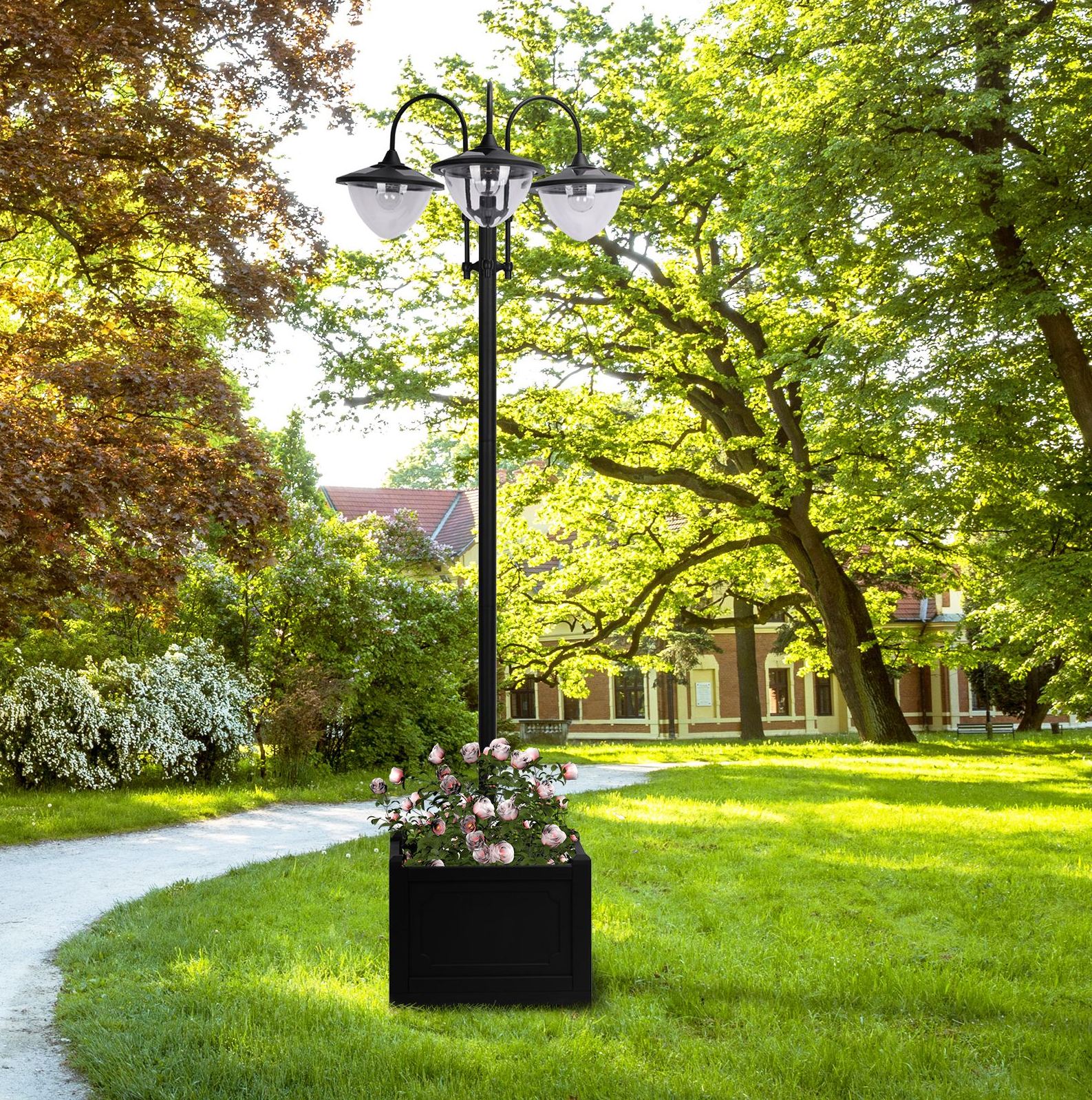 Solar-gartenstehleuchte Mit 3 Schirmen, Schwarz, 189 Cm, Ip44, Pflanzkasten-sockel