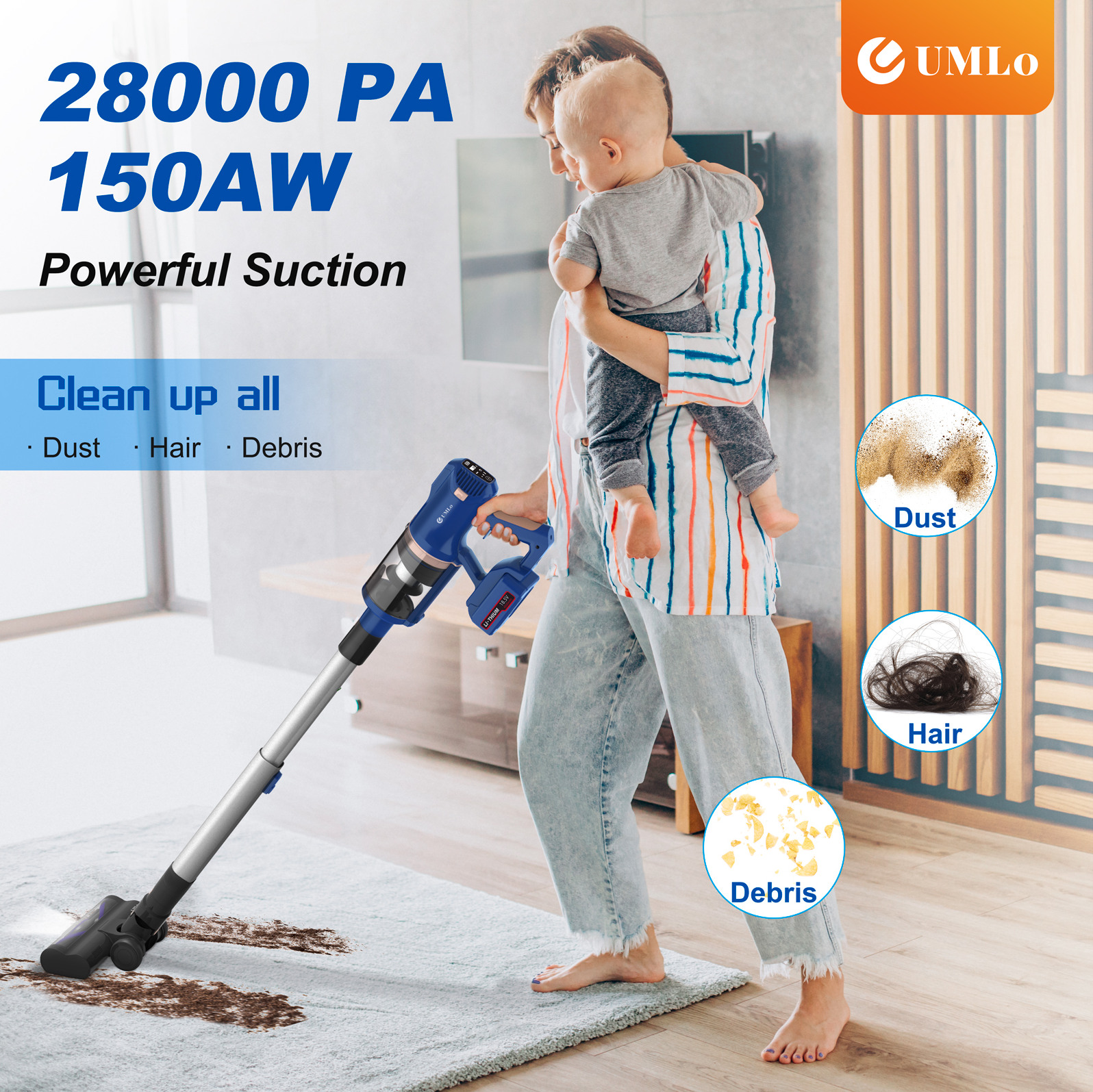 Okwish V11 Akku-staubsauger 2-in-1 Mit Hepa-filter, 30 Kpa Und 4000-mah-akku Blau