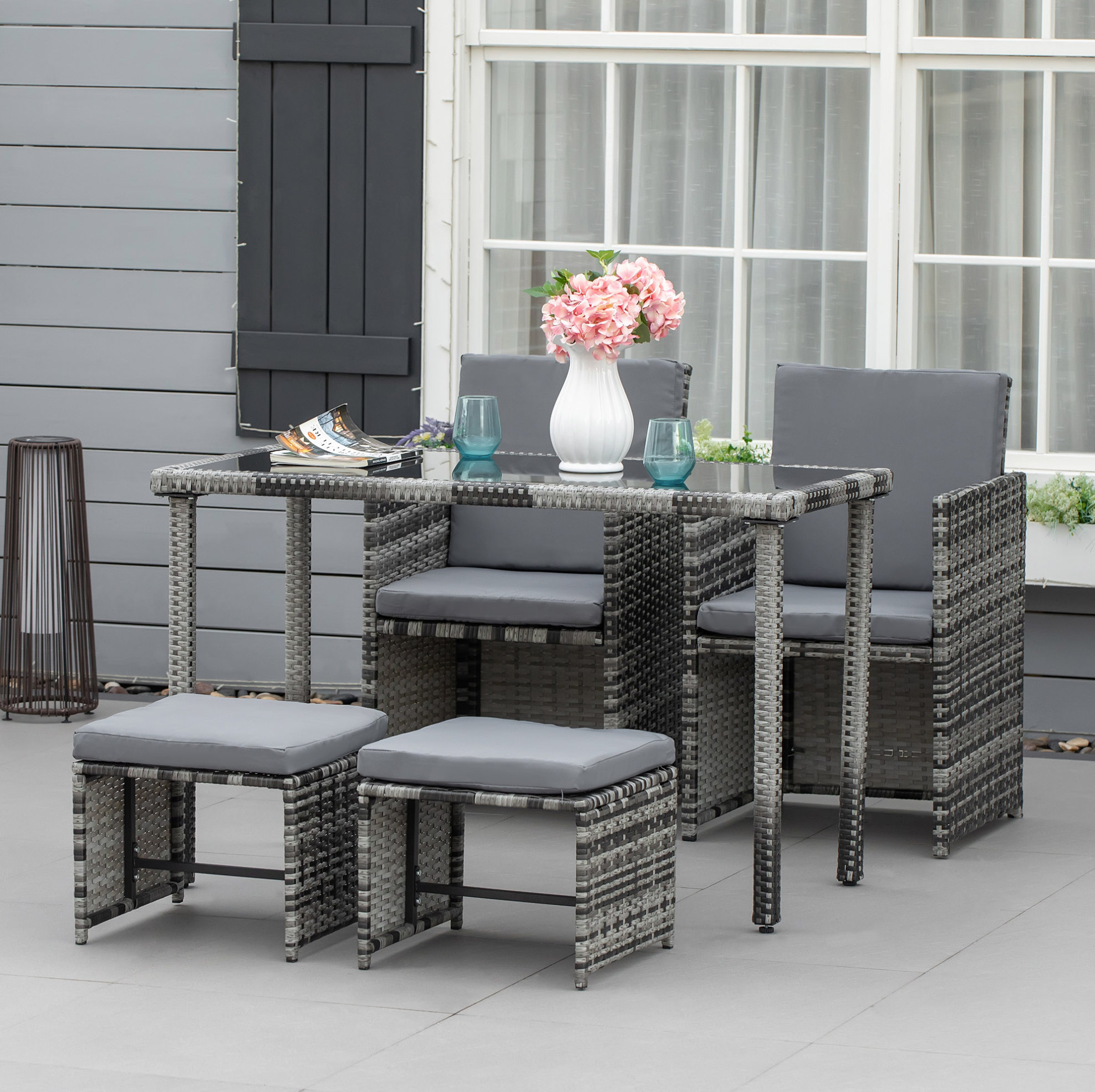 5-teiliges Polyrattan-gartenset Für 4 Personen, Grau, Mit Kissen, Okwish
