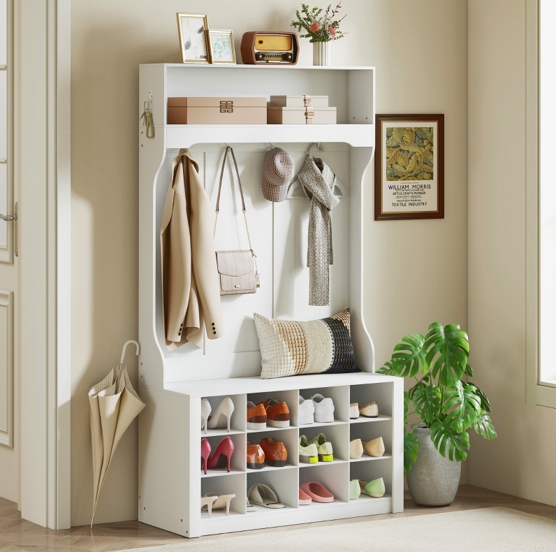 Garderobe Mit Regal, Sitzbank, 6 Haken Und 12 Schuhfächern, Weiß