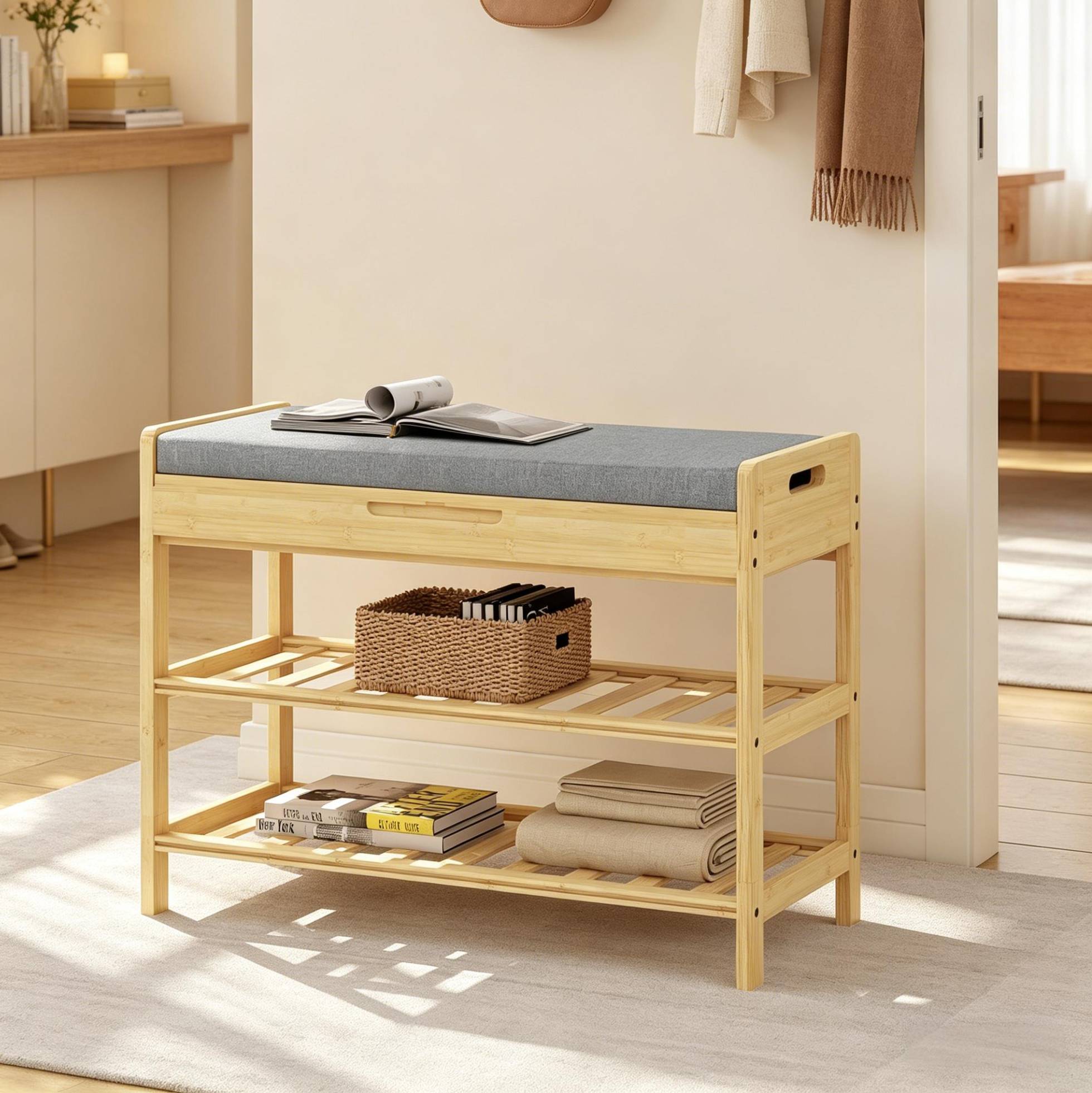 Schuhbank Aus Bambus Mit Grauem Polster Und Geheimfach, 68 X 30 X 50 Cm