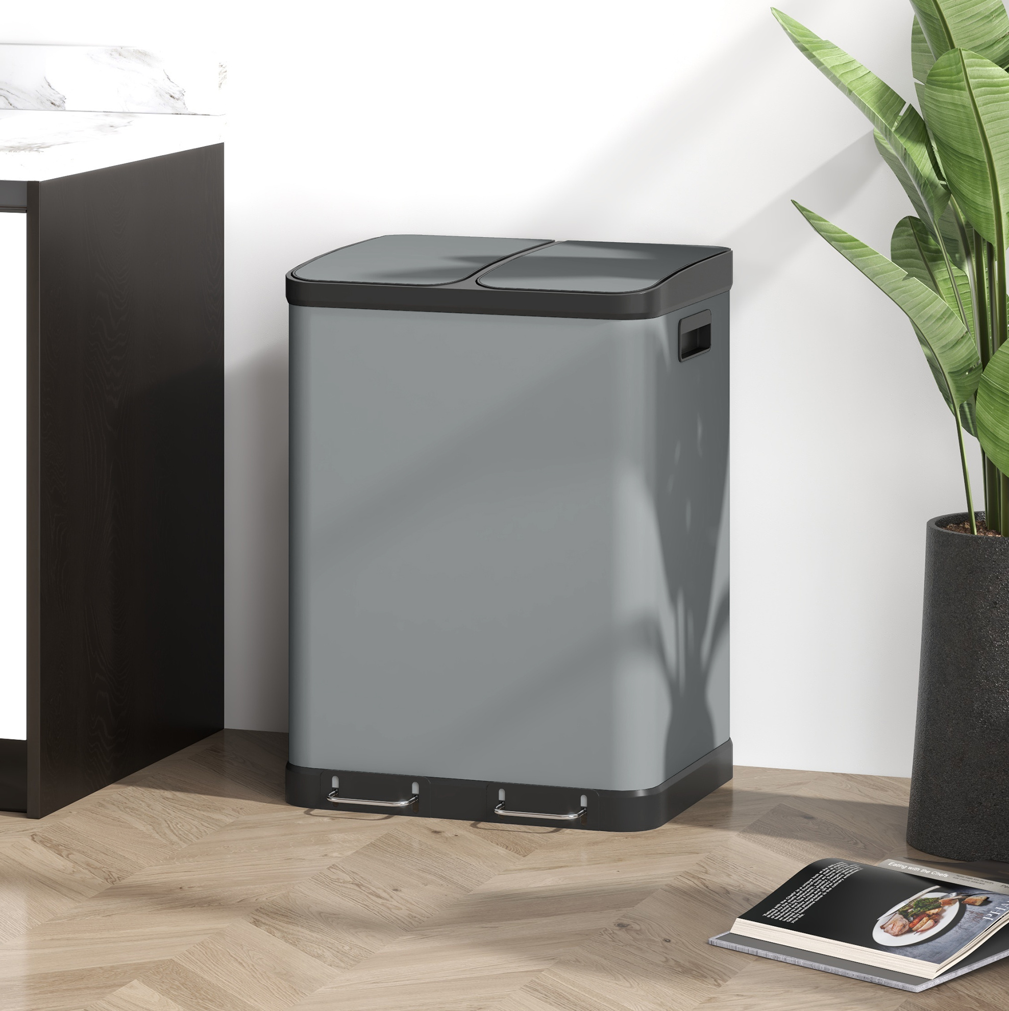 Okwish Doppel-pedal-mülleimer 2x30 L Aus Grauem Metall Mit Deckel