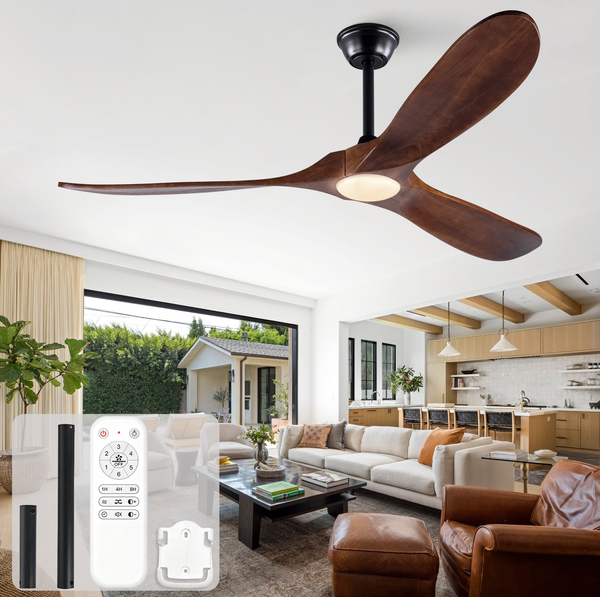 60-zoll-led-deckenventilator, 3 Flügel, Reversibel, Fernbedienung, Walnussholz/schwarz Okwish