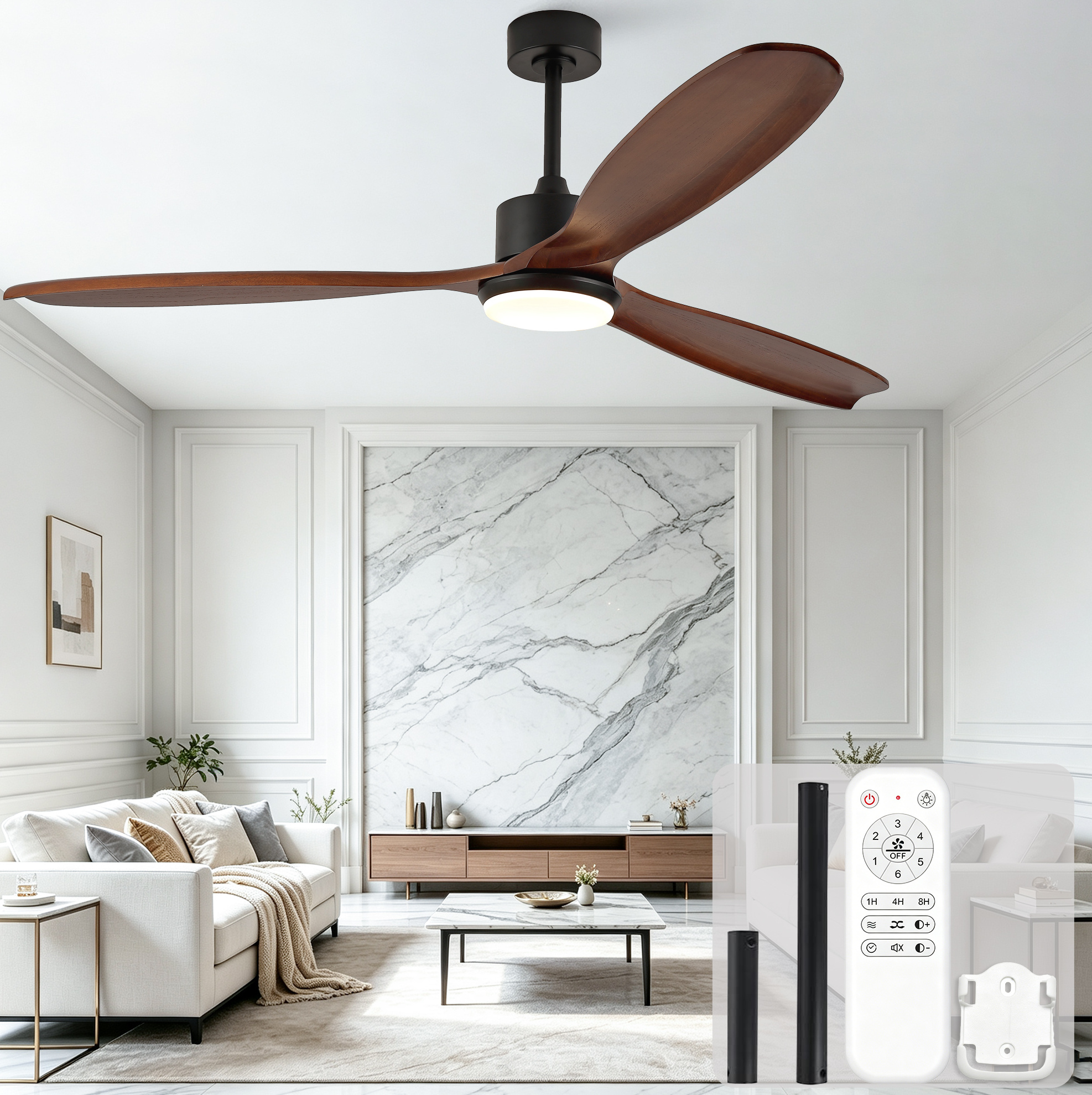 Led-deckenventilator Mit 3 Flügeln, Dc-motor, 6 Stufen, 177 Cm, Holz Und Metall