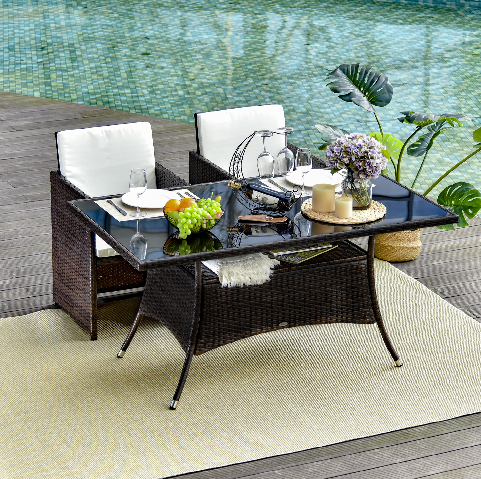 Gartentisch Aus Polyrattan Mit Sicherheitsglasplatte, 150 X 85 X 74 Cm, Braun/schwarz
