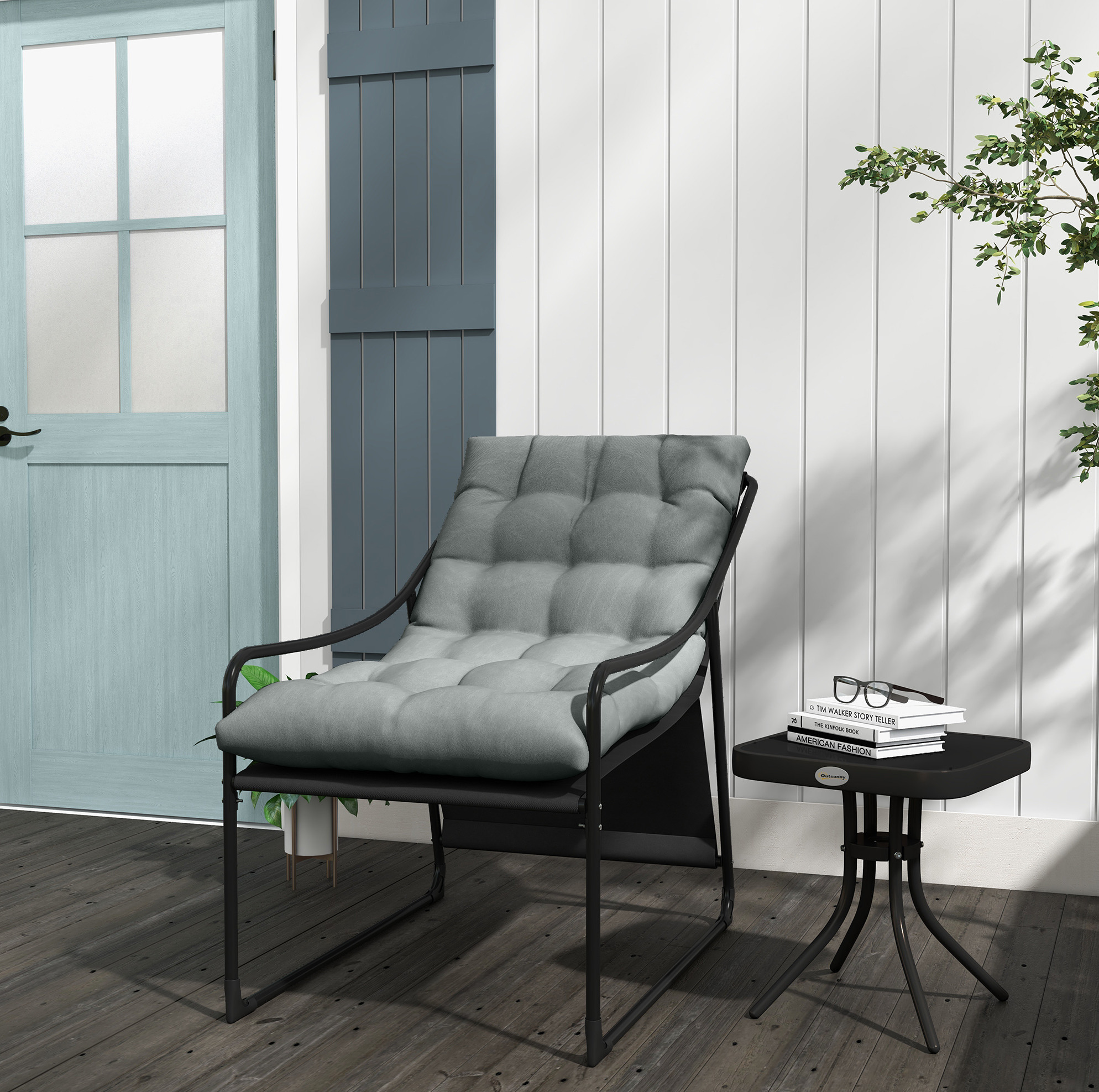 Gepolsterter Gartenstuhl Mit Armlehnen, Stahlgestell, Grau, Okwish