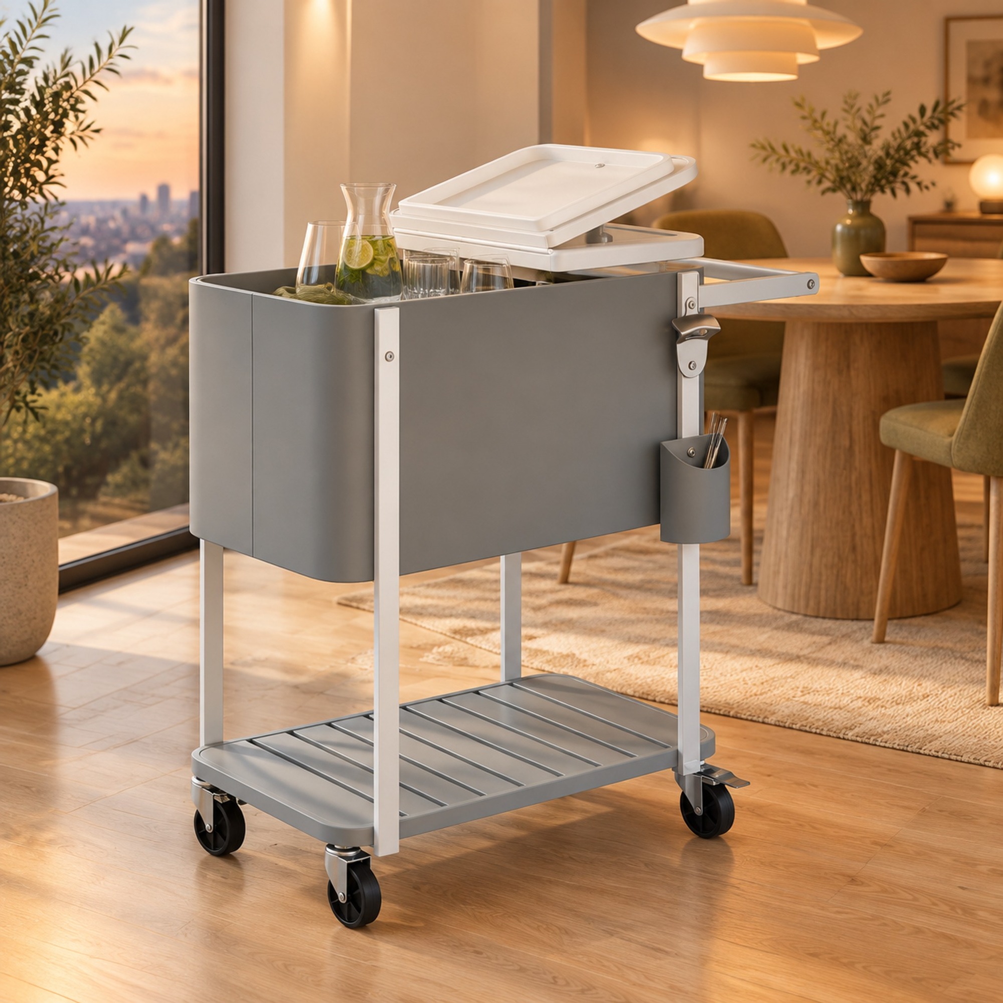 Okwish Kühlwagen 56 L Mit Rollen, Flaschenöffner Und Ablage, Grau