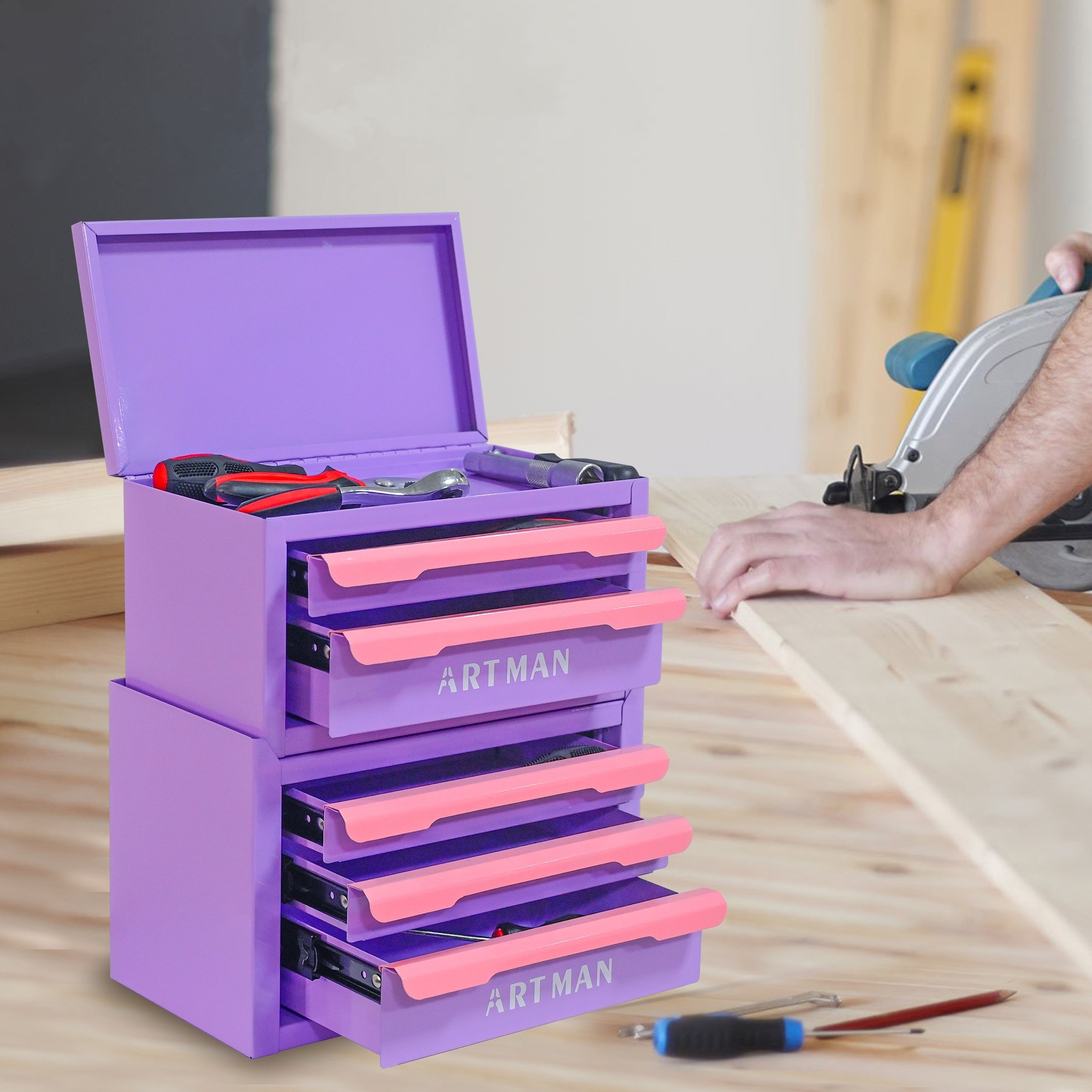 Schreibtisch-organizer Mit 5 Stapelbaren Stahlschubladen, 28,5 X 15,8 X 32 Cm, Lila/rosa