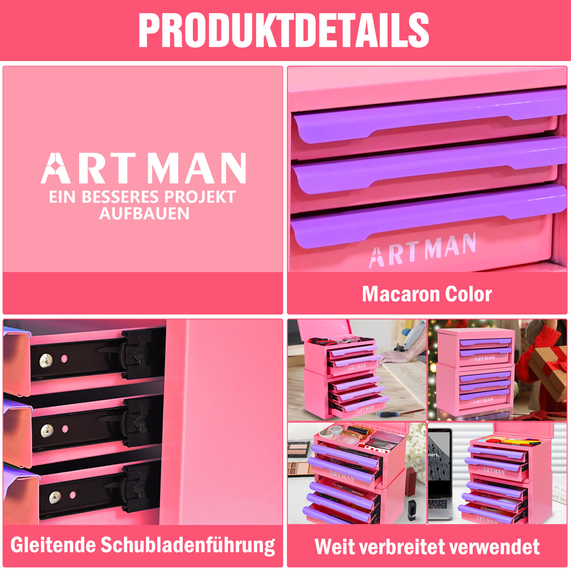 Büro-schubladenschrank Mit 5 Schubladen Aus Stahl, 28,5 X 15,8 X 32 Cm, Rosa-violett