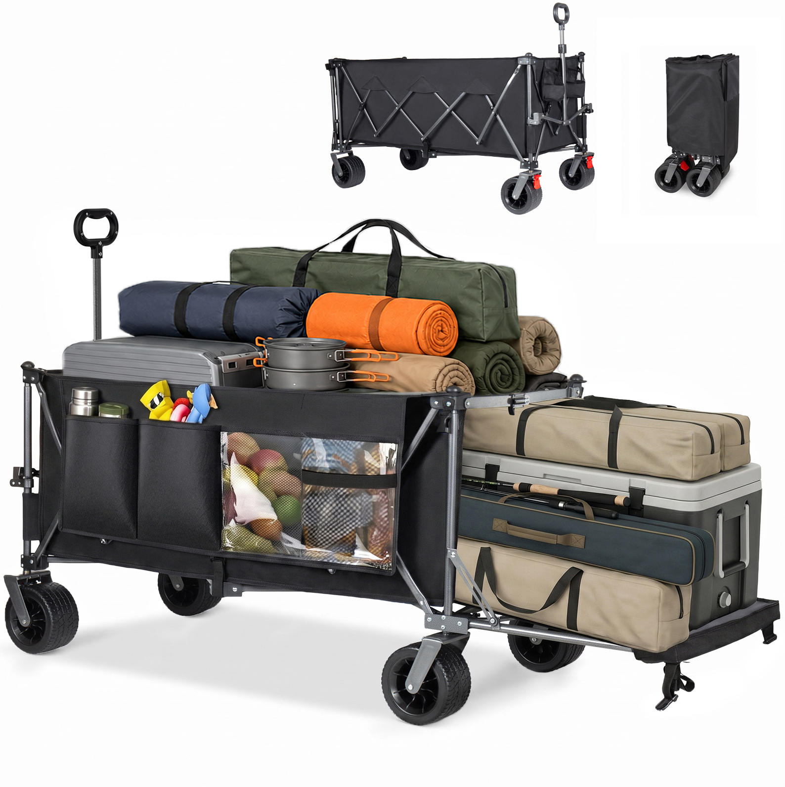 Faltbarer Bollerwagen 300 L Mit Verlängerbarer Heckklappe Bis 180 Cm, Geländeräder, Schwarz-grau