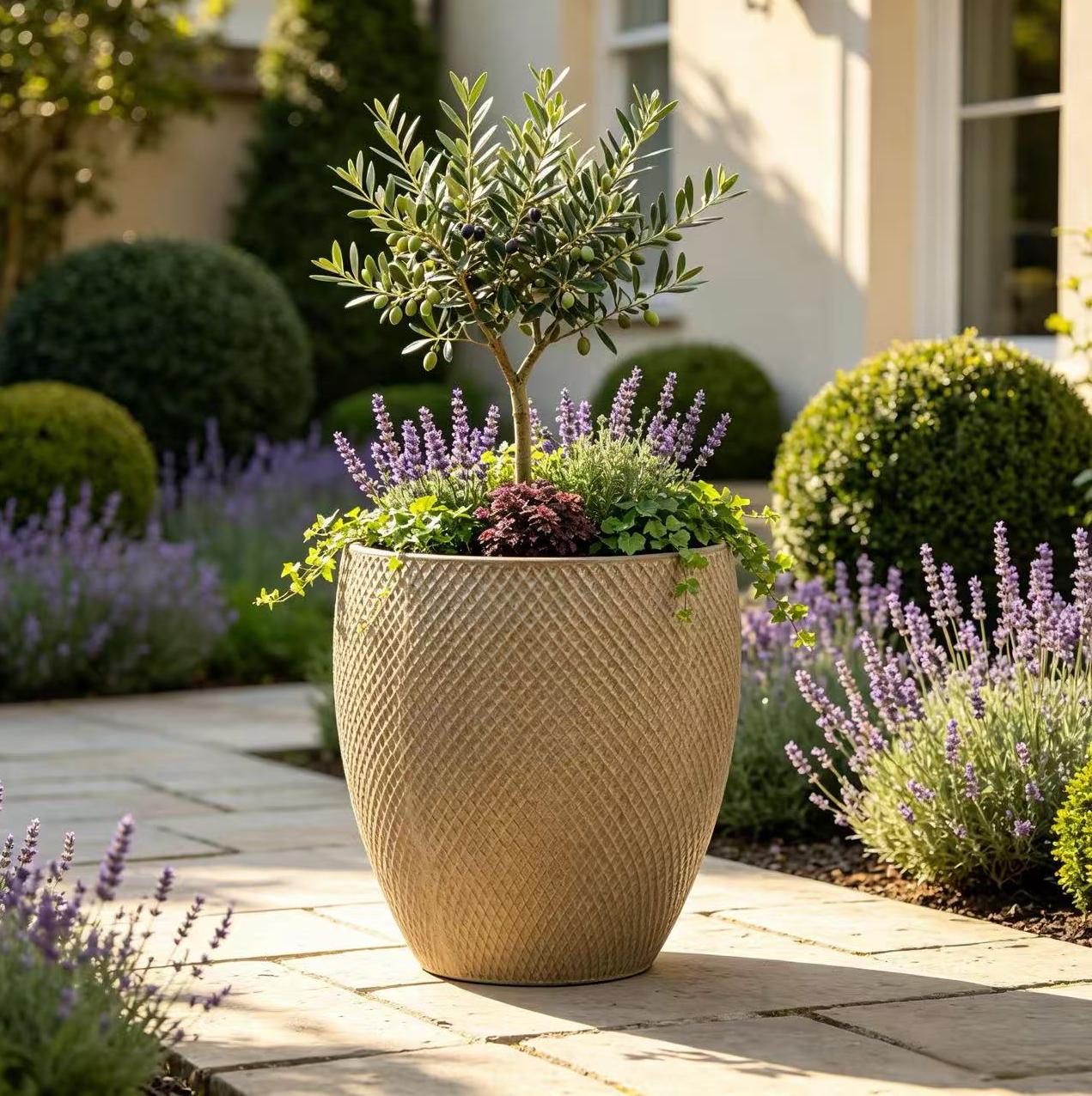 Extra Großer Keramik-gartenpflanztopf Ø46 X H53 Cm Cremebeige Mit Rautenmuster