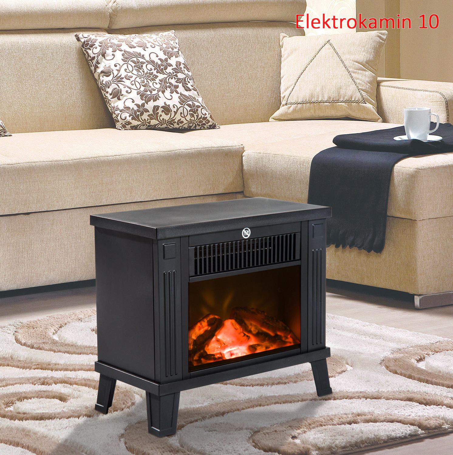 Freistehender Elektrokamin Mit Flammeneffekt, 600/1200 W, Metall Schwarz, 34 X 17 X 31 Cm