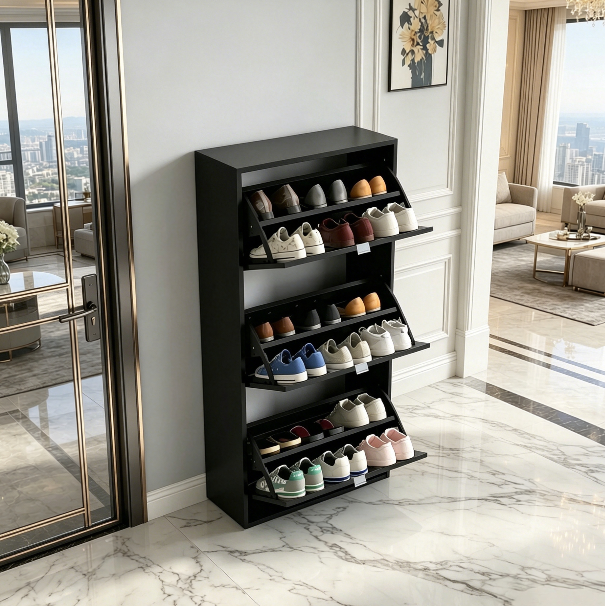 Schuhschrank Mit 3 Klapptüren, Schwarzes Melamin-mdf, 60 X 26 X 124 Cm, Okwish