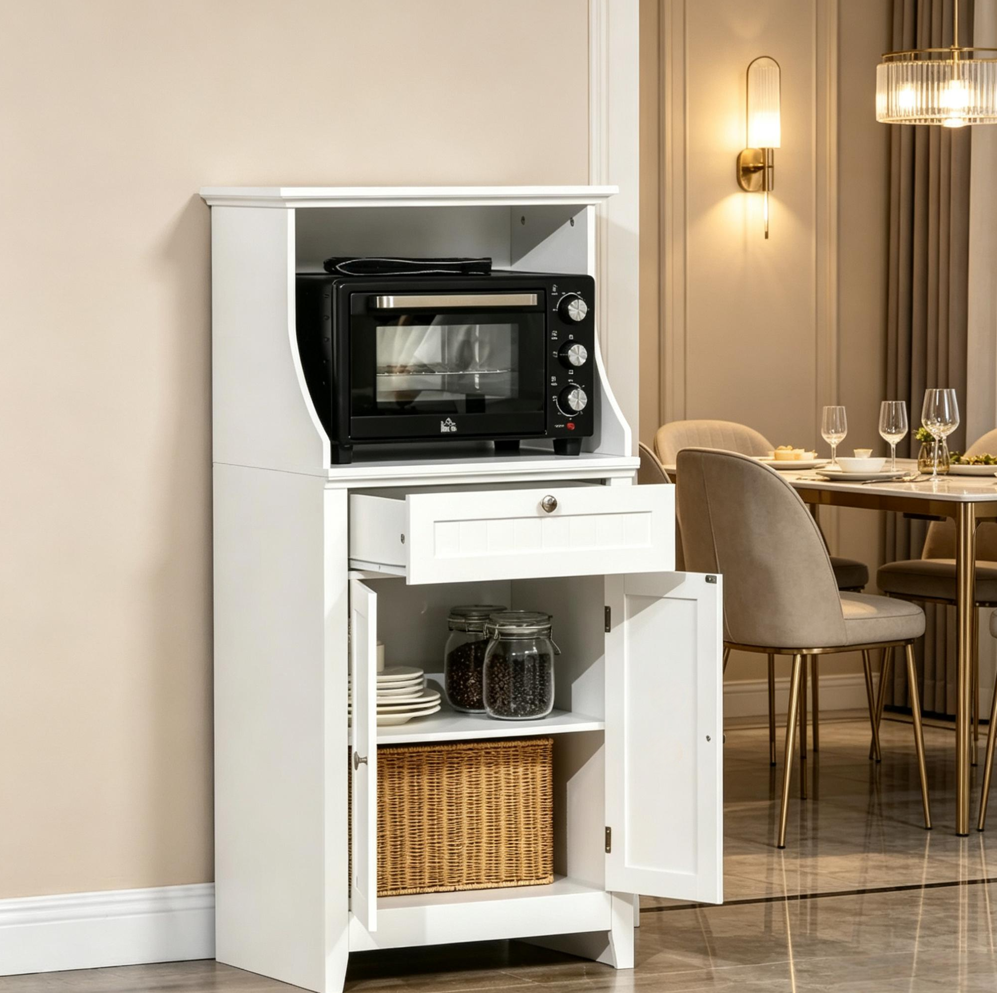 Mikrowellenschrank Aus Mdf Mit Schublade Und Verstellbarem Doppeltürschrank Weiß 60 X 40 X 122,5 Cm