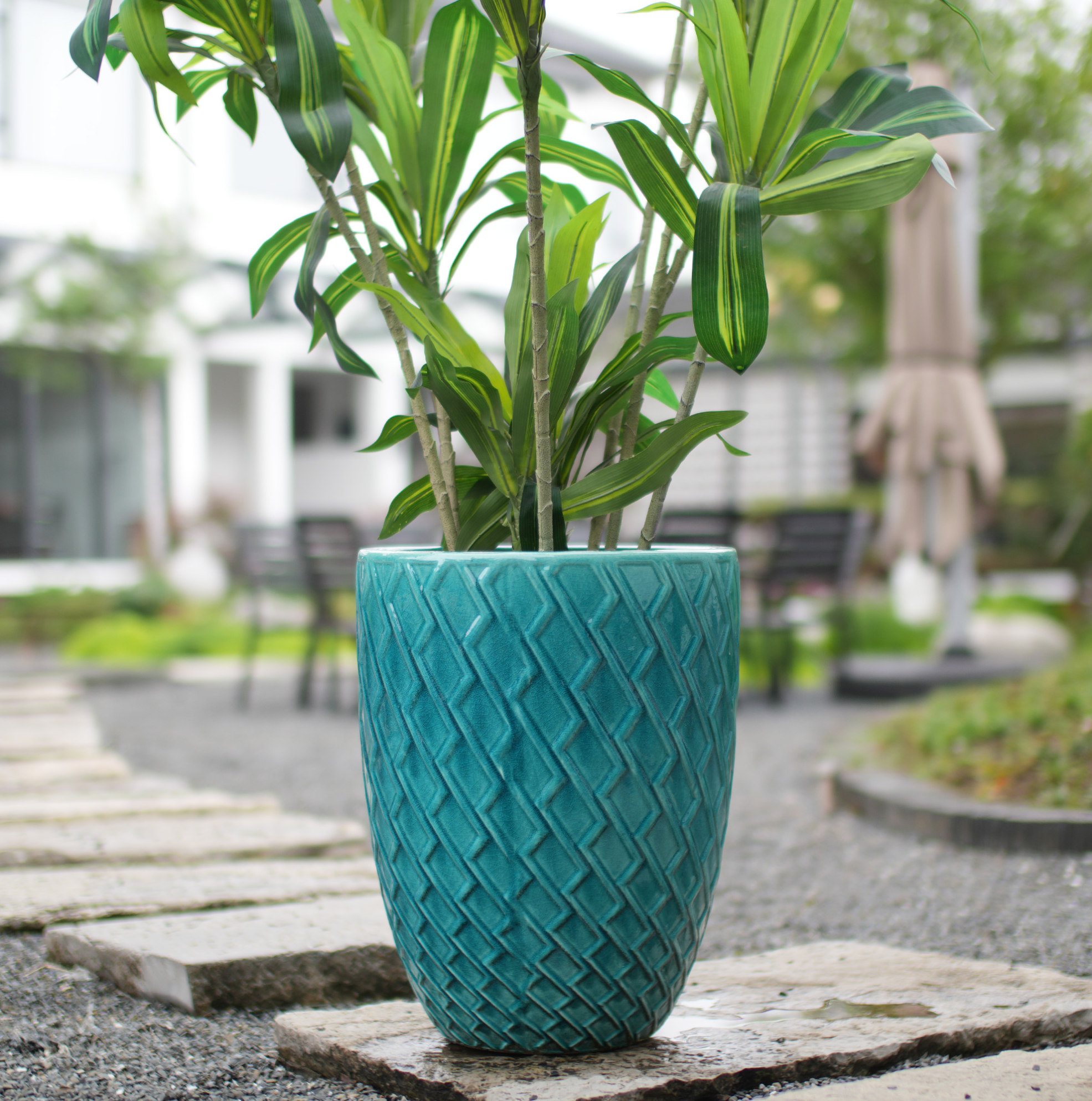 Großer Keramik-blumentopf Ø 42 X H 54 Cm, Glänzend Cyanfarben, Rautenmuster, Okwish
