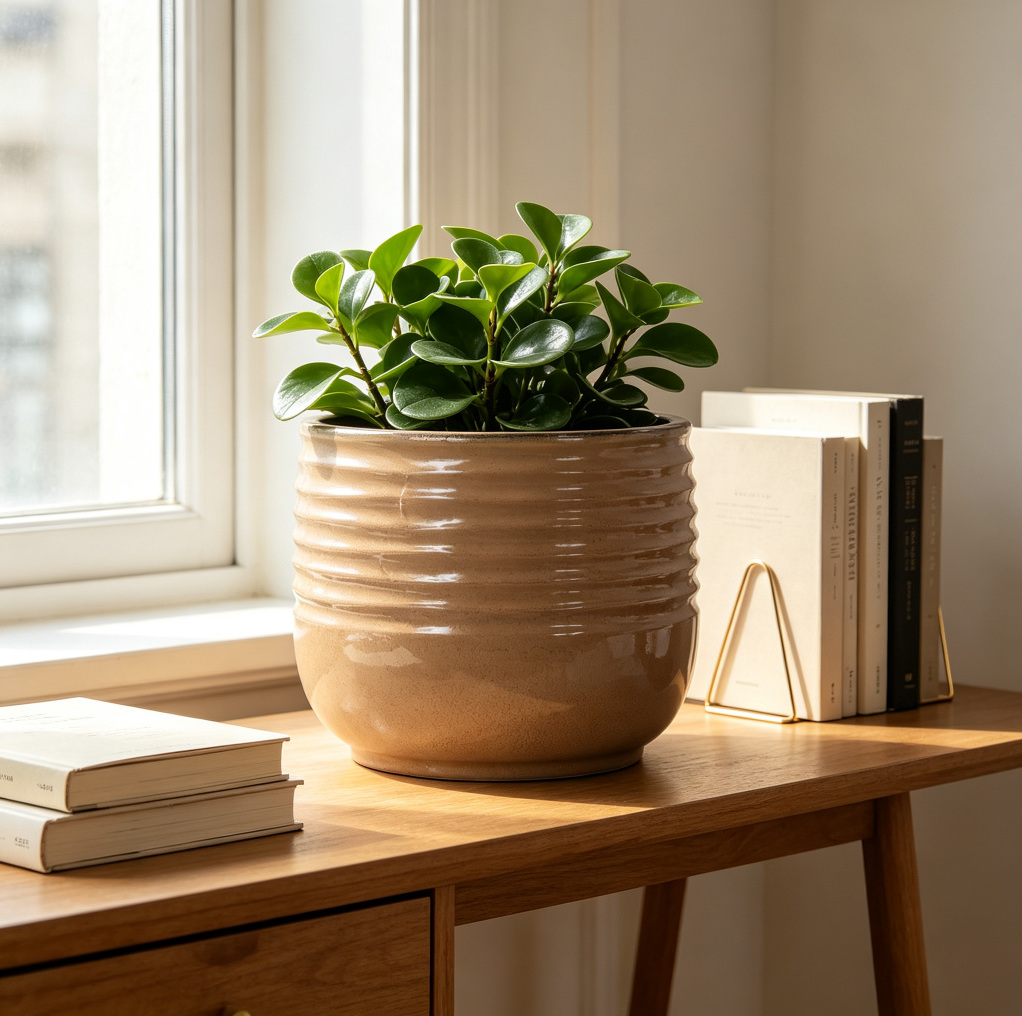 Handgefertigter Runder Keramik-blumentopf Ø 26 Cm, Glänzend Hellbraun, Gewellt