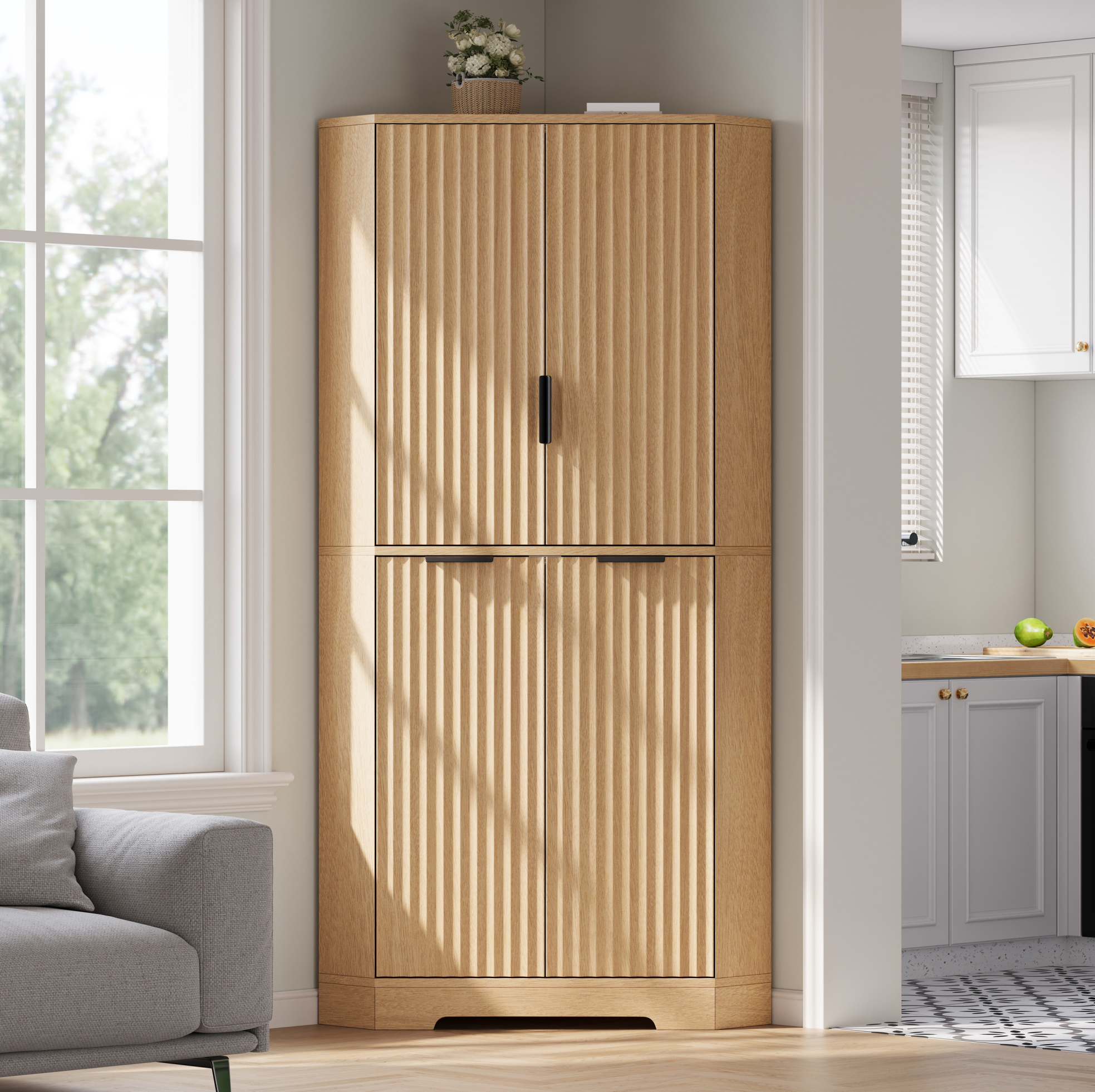 Eckschrank Mit 4 Türen Und Verstellbaren Böden, Mdf, Natur, 60 X 60 X 172 Cm