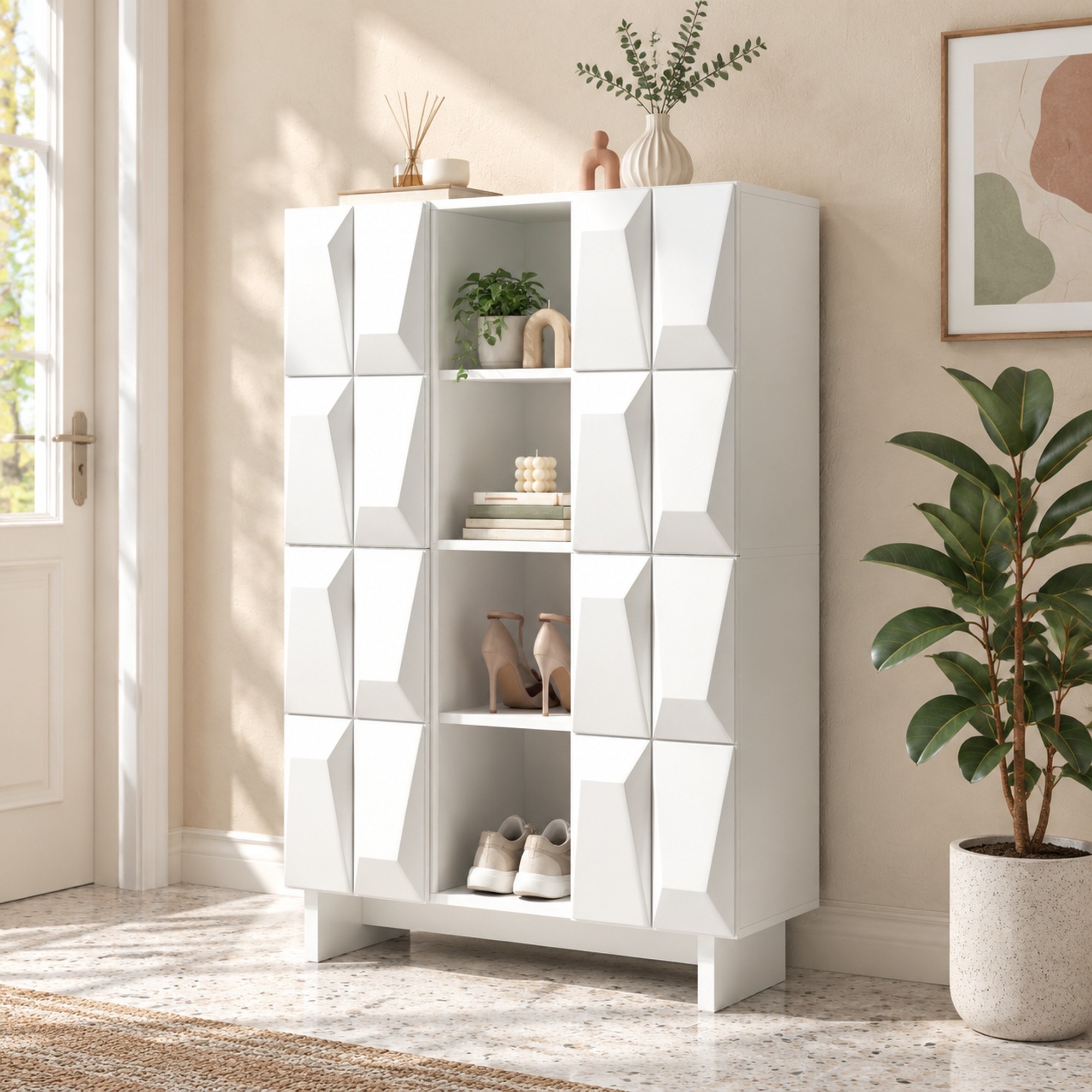 Okwish Schuhschrank Und Vitrine, Weiß, Spanplatte, 4 Türen, 12 Fächer