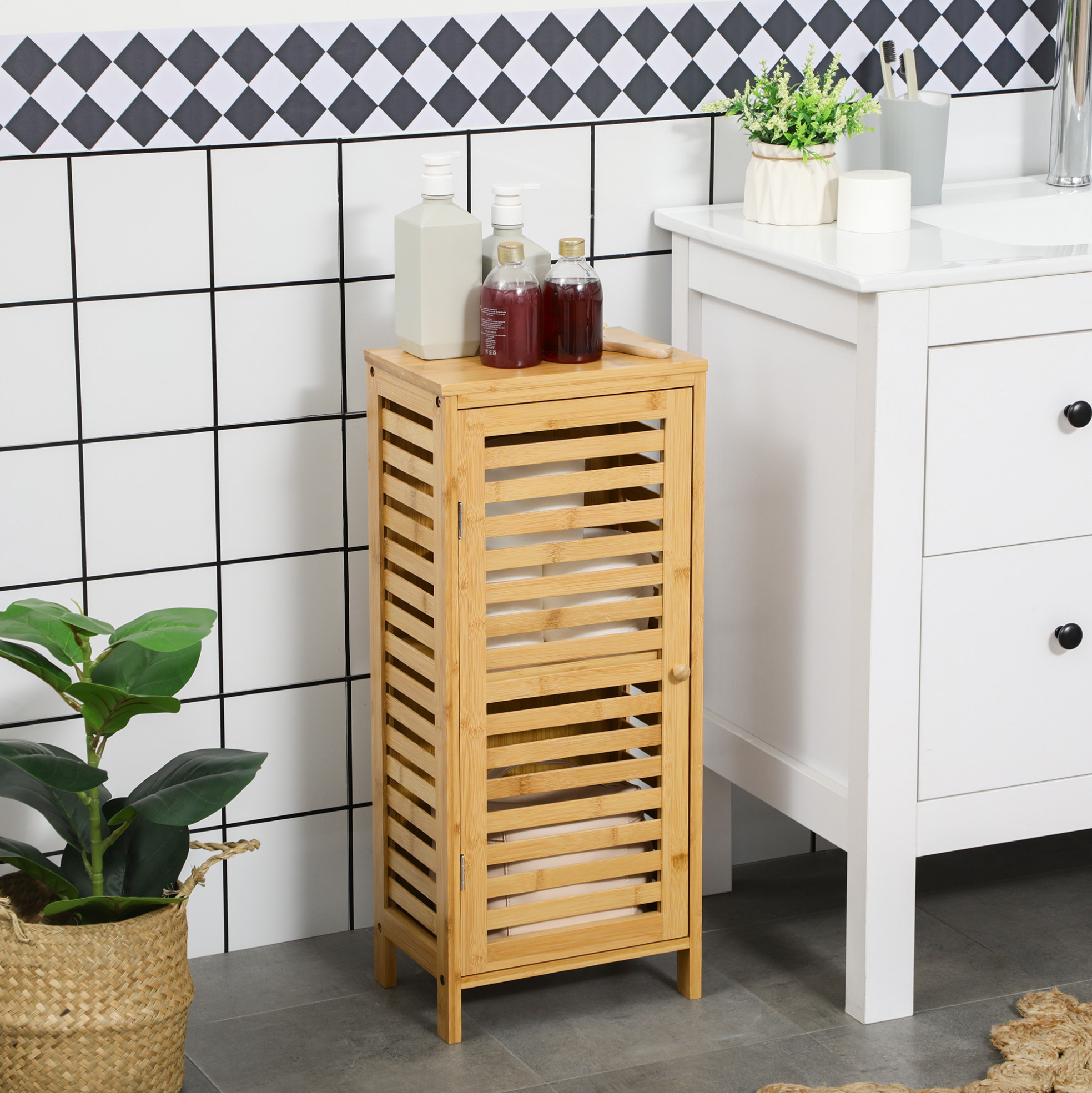 Badezimmerschrank Aus Bambus Mit Lamellentür, 2 Fächer, 30 X 19,9 X 70 Cm